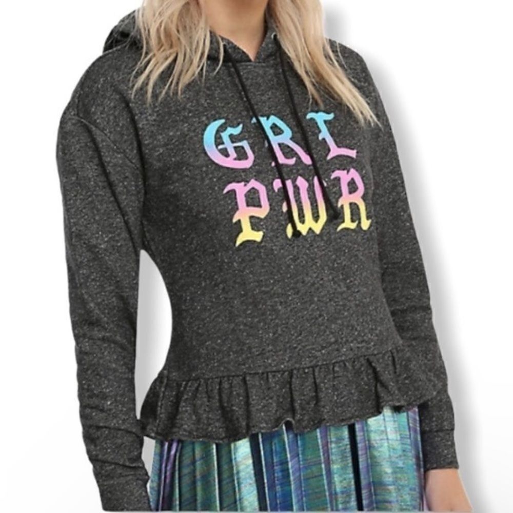 Hot Topic Women’s GRL PWR Cropped Hoodie Size S Gray Ruffle Hem Pullover